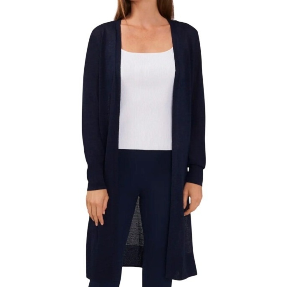 Halogen Cardigan Women XL Blue Linen Blend Longline Open Front Pocket
